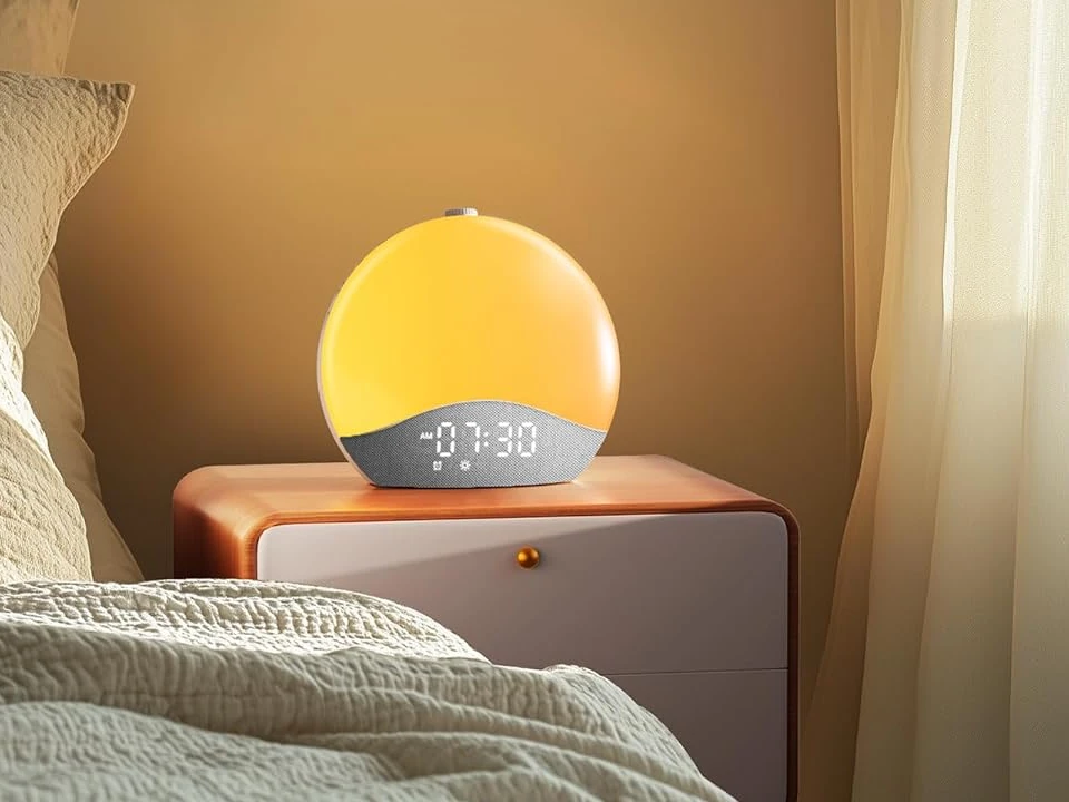 Exact ecozy Lumo Lite E60A glowing on a bedside table in a warm bedroom