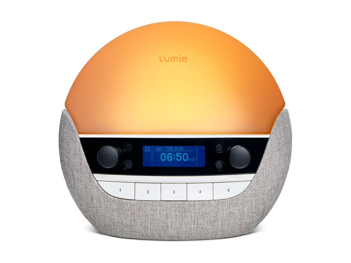 Exact Lumie Bodyclock Luxe 700FM with glass globe, dark control panel, and speaker base