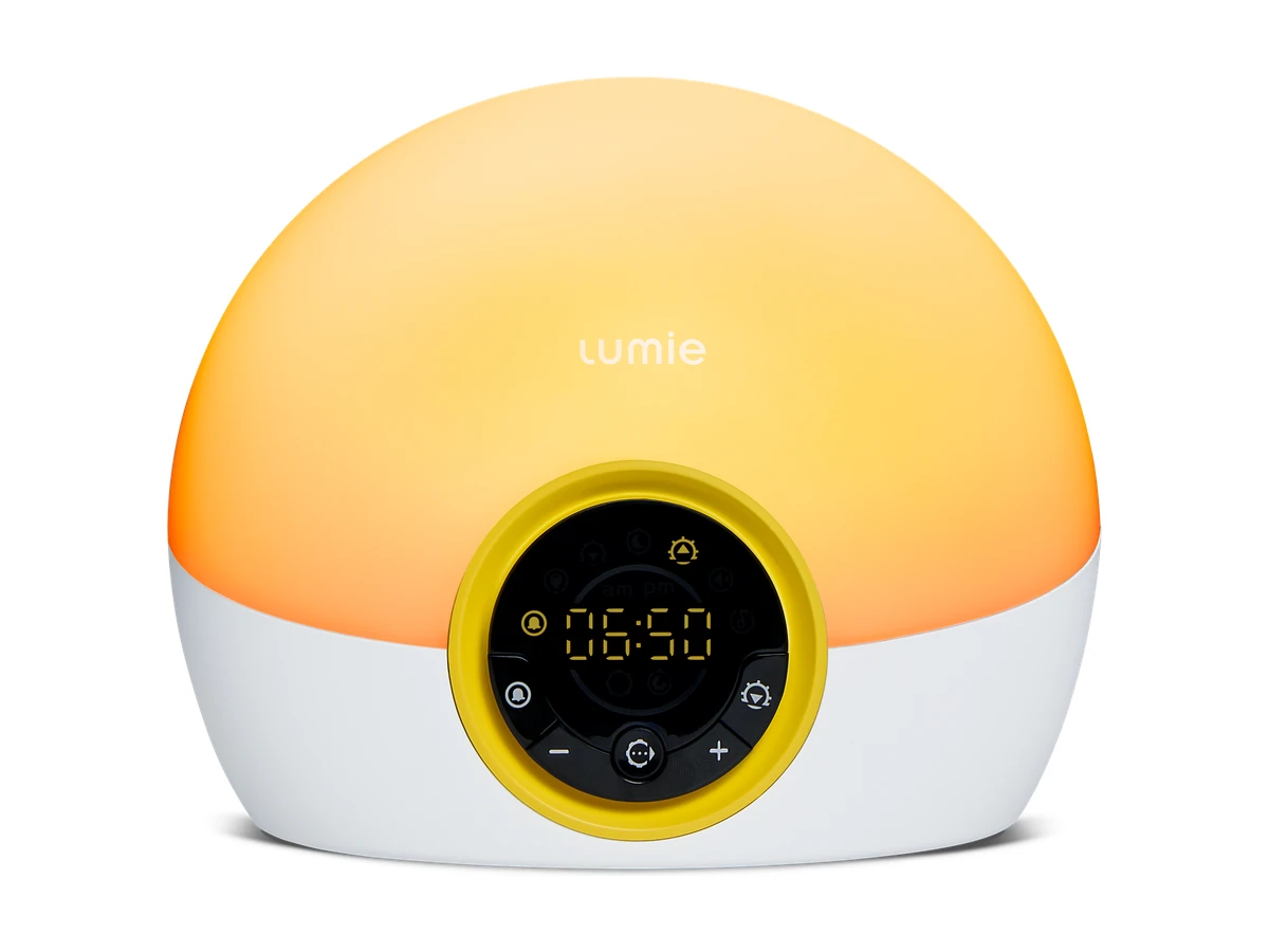 Exact Lumie Bodyclock Rise 100 with white half-dome light, yellow trim, and circular control panel
