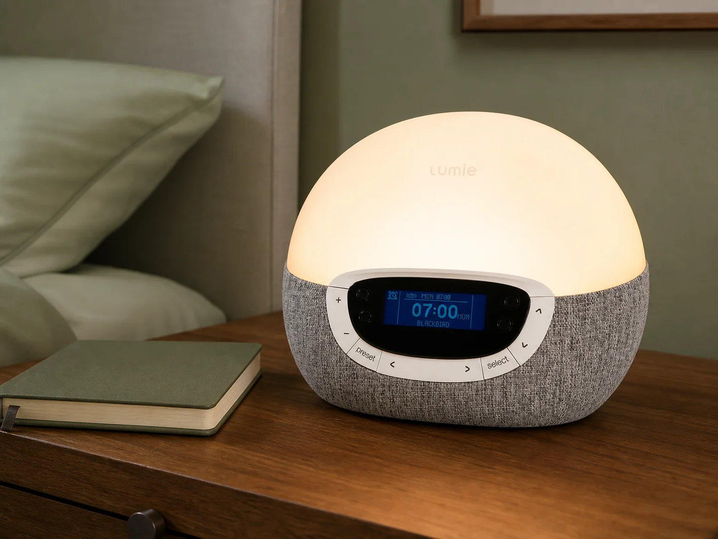 Lumie Bodyclock Shine 300 wide dome wake-up light with fabric base and hardware controls