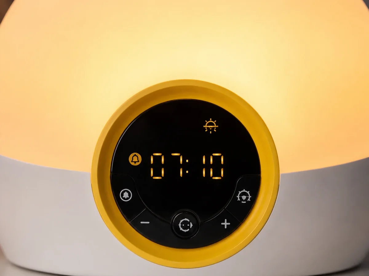 Exact Lumie Bodyclock Rise 100 close-up showing its clock and physical controls