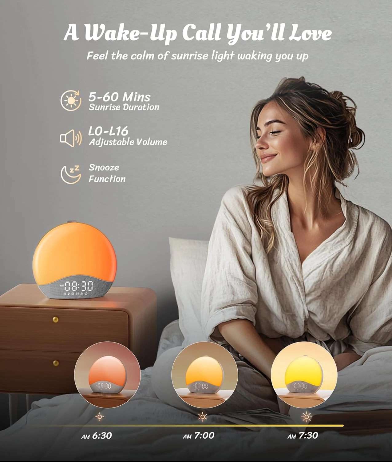 Exact ecozy Lumo Lite E60A showing its sunrise and alarm controls