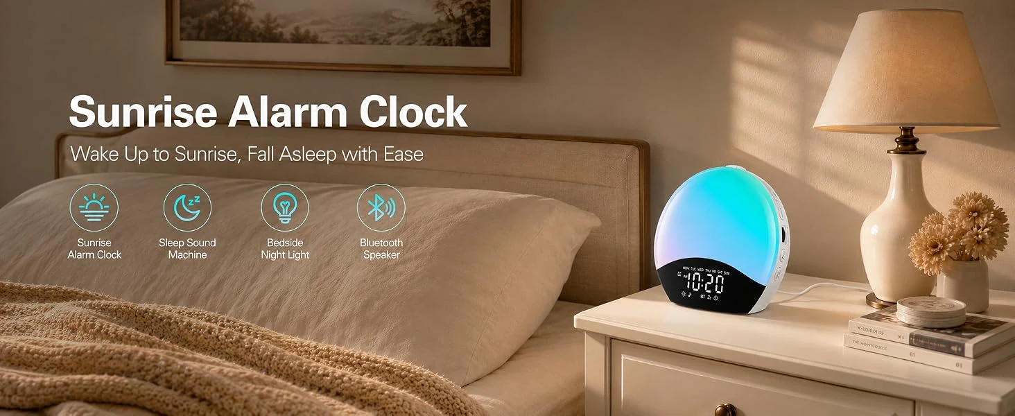 JALL K6 on a bedside table with sunrise alarm, sleep-sound and Bluetooth functions