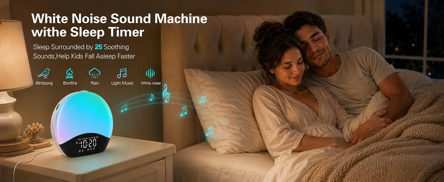 JALL K6 beside a sleeping couple as a 25-sound white-noise machine