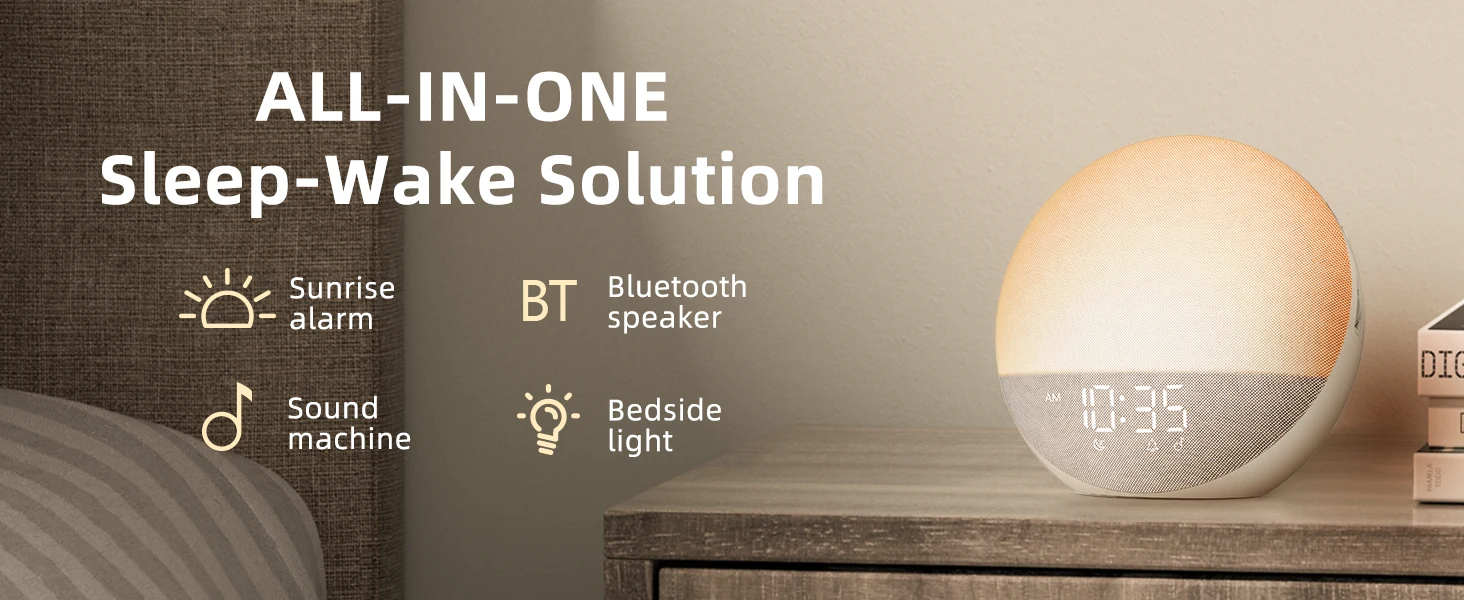 Odokee H03 Putty on a bedside table with sunrise alarm, sound and Bluetooth functions